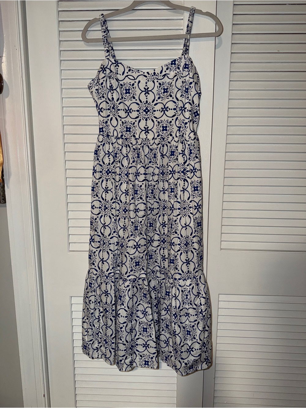 J. Crew White Midi Dress with Navy Tile Print